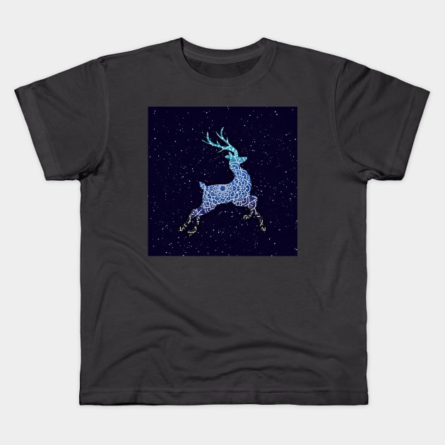 Blue Flying Reindeer Mandala in the Night Sky Kids T-Shirt by MandalaSoul